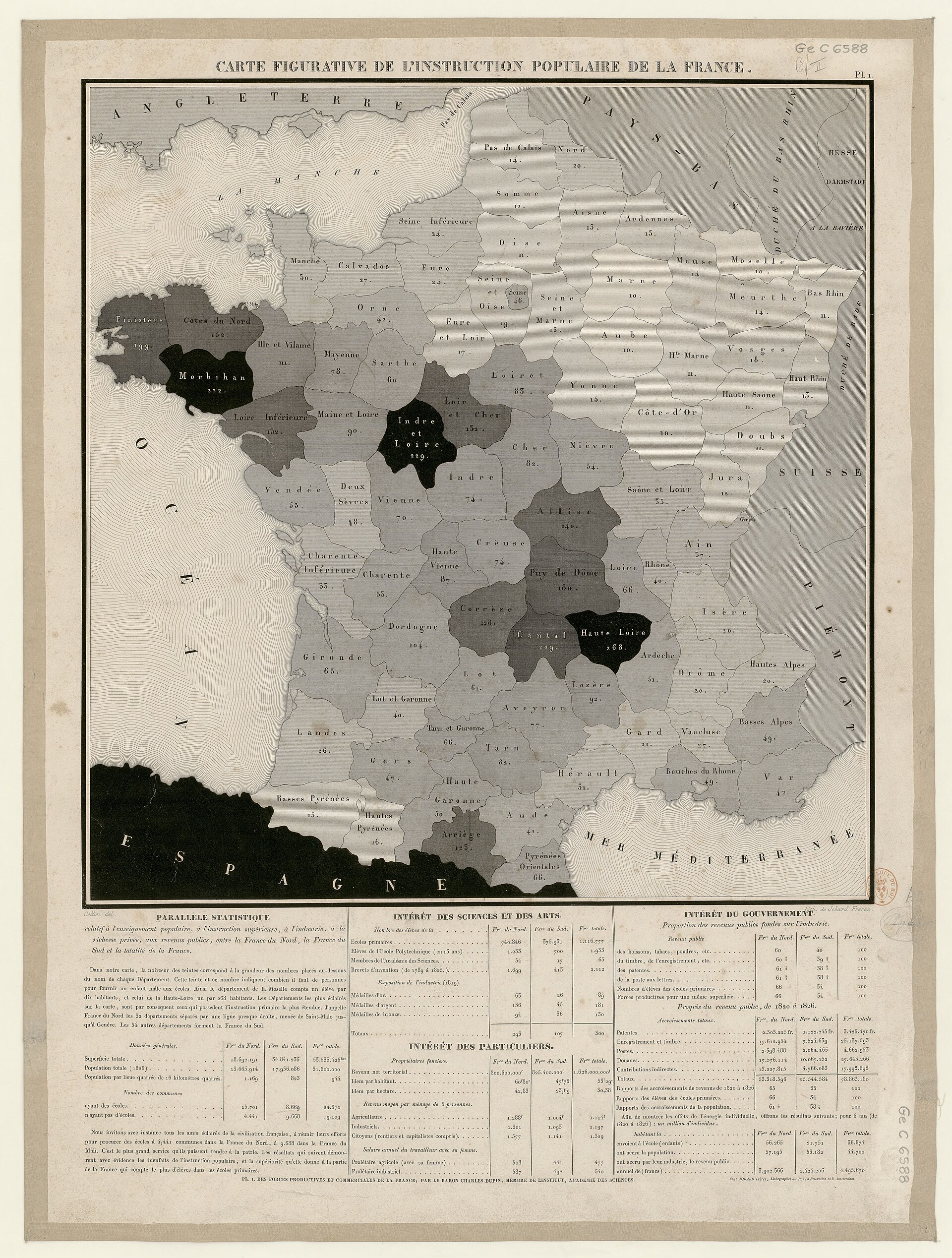 Carte figurative de l'instruction populaire, Charles Dupin, 1826