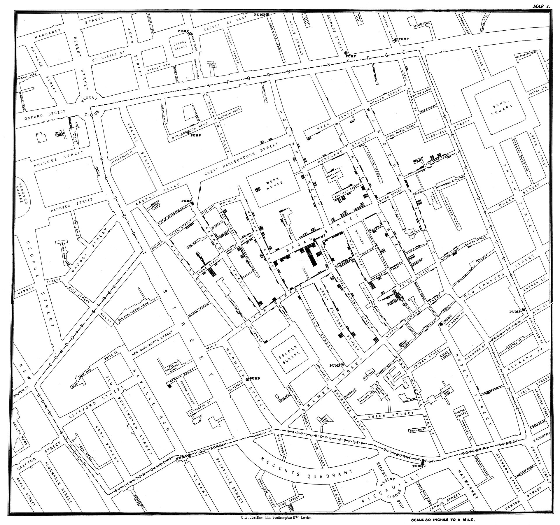 Cholera map of Broad Street, John Snow, 1854